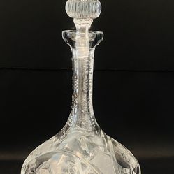 Vintage Cut Crystal Large Etched Wine Decanter 16” Tall