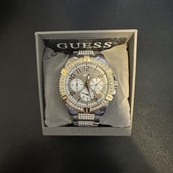 GUESS Men’s Silver and Gold Stainless Steel Iced Out Chronograph Watch with Box and Extra Link