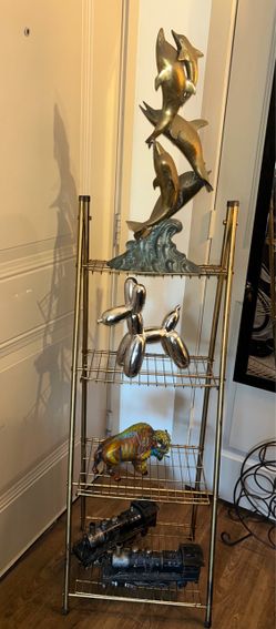vintage four-tier metal wire display stand featuring an antique gold finish
