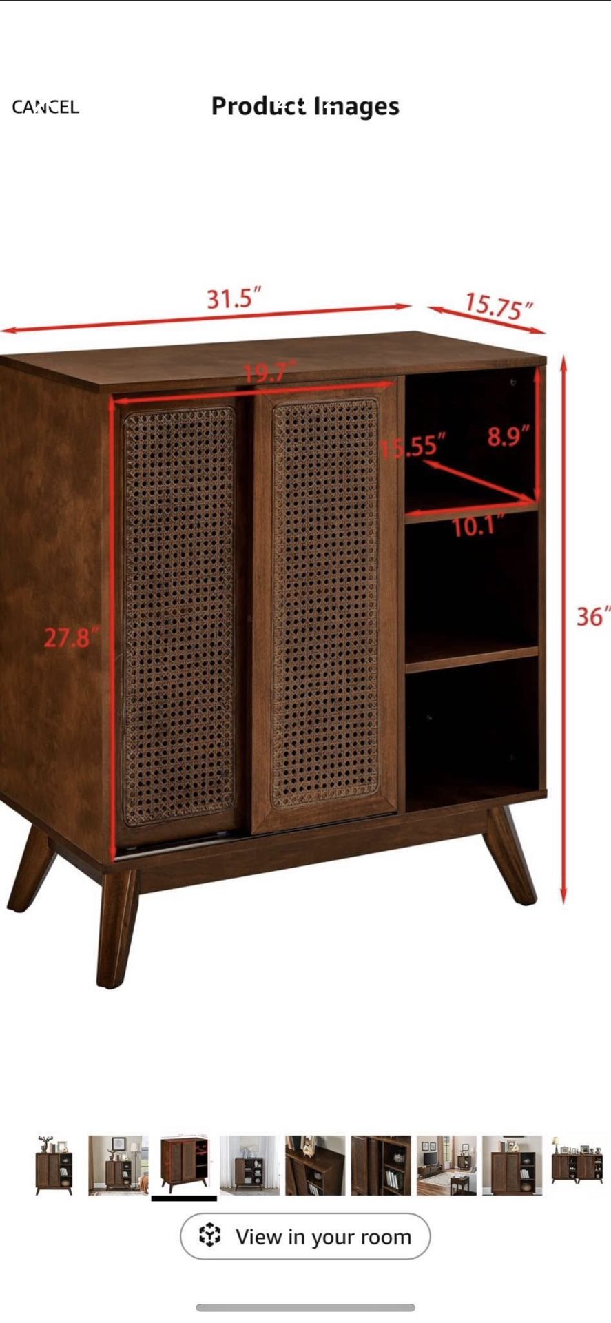 Mid Century Modern Storage Cabinet with Rattan Sliding Doors and Open Shelves, Boho Style Wooden Sided