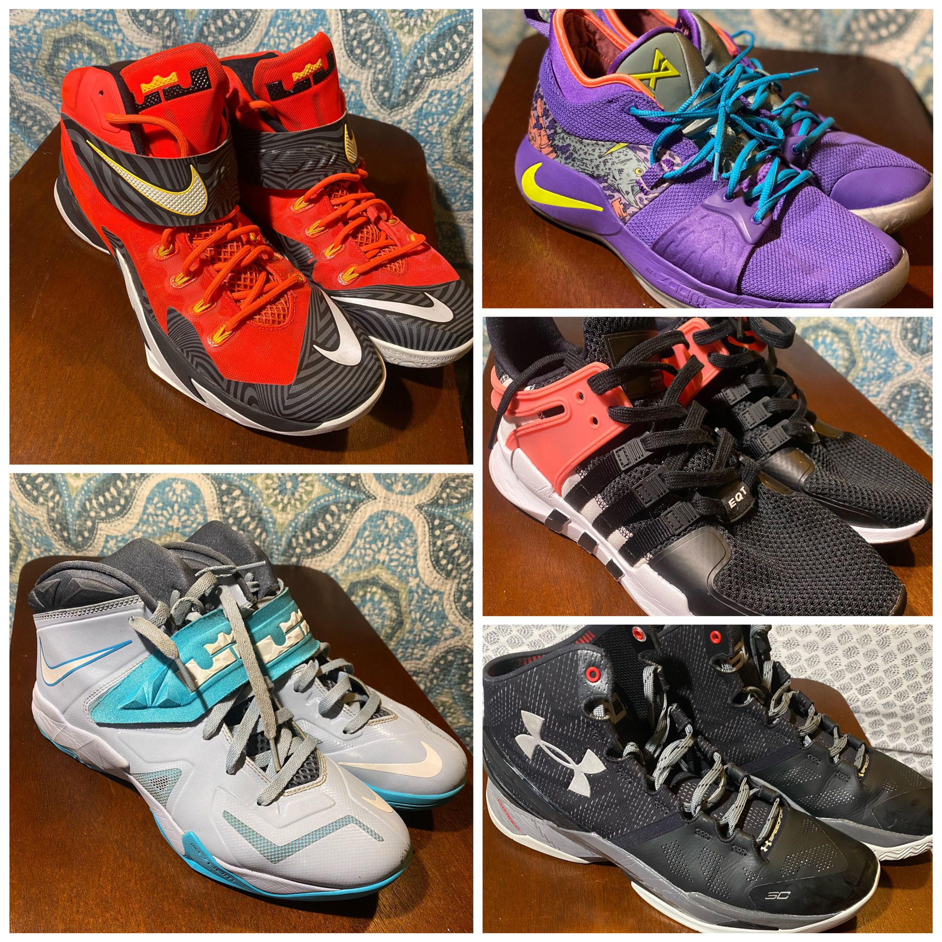 Shoe collection: lebrons, under armor, Nike, adidas, Paul George