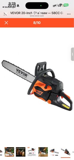 VEVOR 58CC gas-powered chainsaw featuring a 20-inch bar for heavy cutting tasks.
