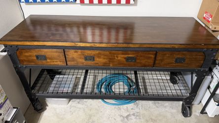Sturdy Wood & Metal Workbench On Wheels