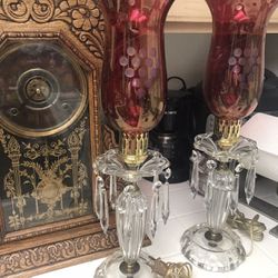 Pair Antique Bohemian Czech Crystal Prism Mantle Lamps -Etched Crystal Cranberry  