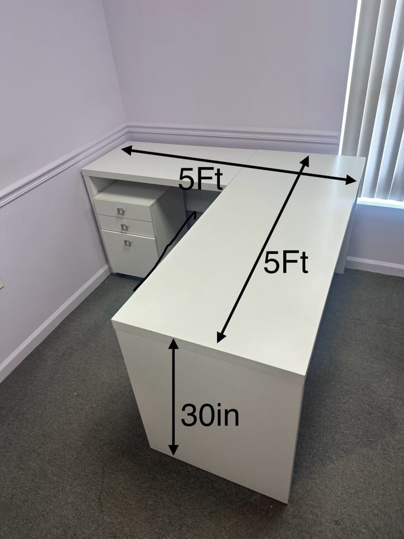 White L-shaped Desk with Detachable File Cabinet