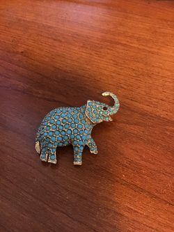 Elephant Brooch, Lucky Elephant, Gold Tone with Turquoise Beads and Red Crystal Eye. like New. For the elephant lover at heart. Trunk up symbolizes t
