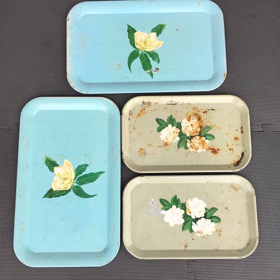 Lot of 4 Vintage Metal Painted Flower Plant Pot Water Catching Trays