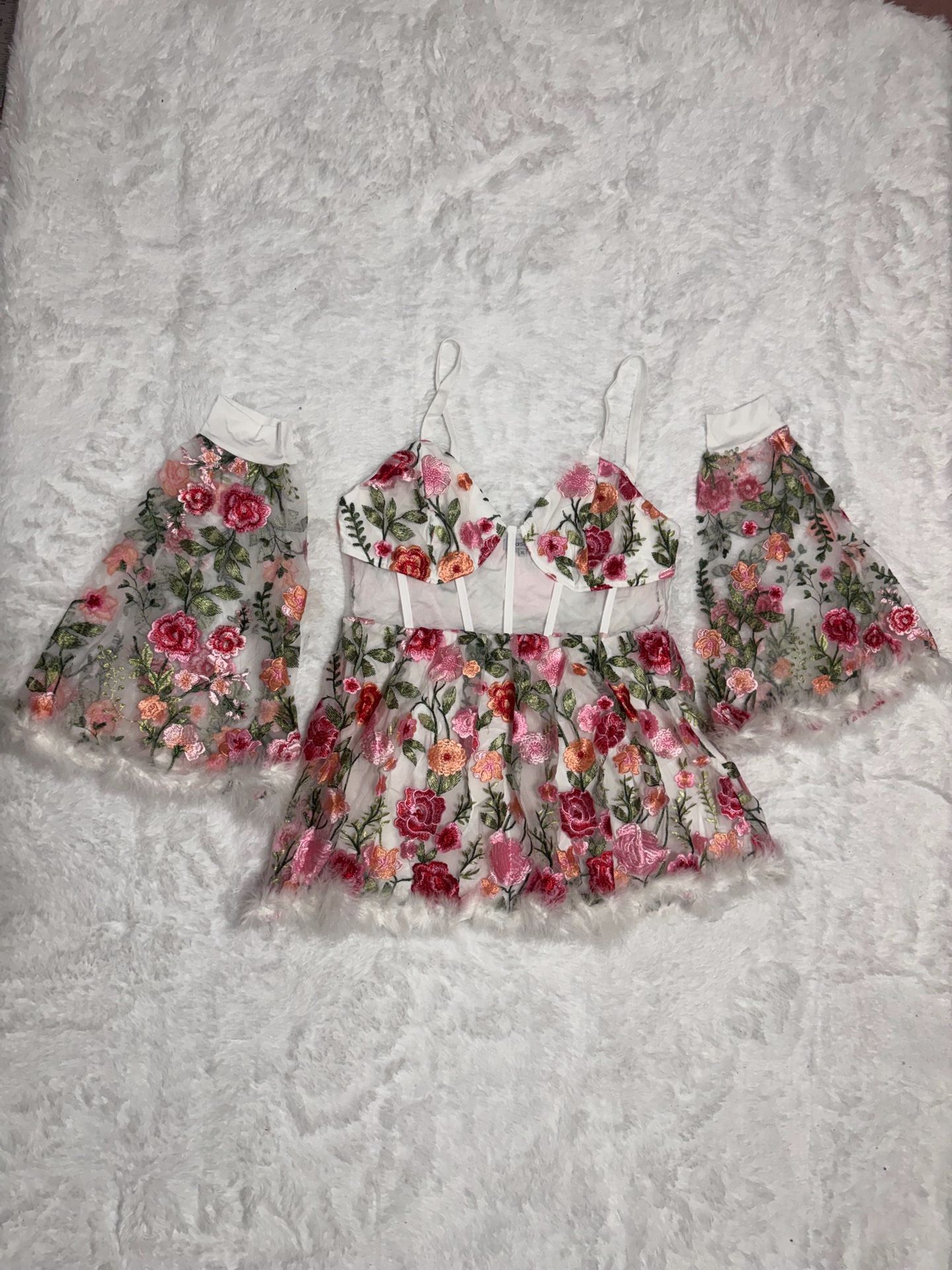 New xl white floral lace embroidered short dress festival boho arm sleeve party