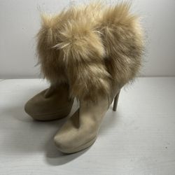 Gianni Bini Faux Fur Ankle Booties Womens Size 9.5 Tan Wool Boots MRSP $375 