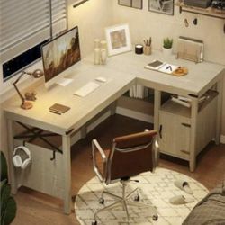 Bestier Farmhouse Desk 60" L-Shaped Computer Desk Home Office Desk with Cabinet, Wash White