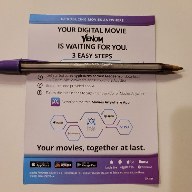 $6 DIGITAL 4K MOVIE. VENOM. $6 OR TRADE FOR A MOVIE TITLE I DO NOT ALREADY OWN.
