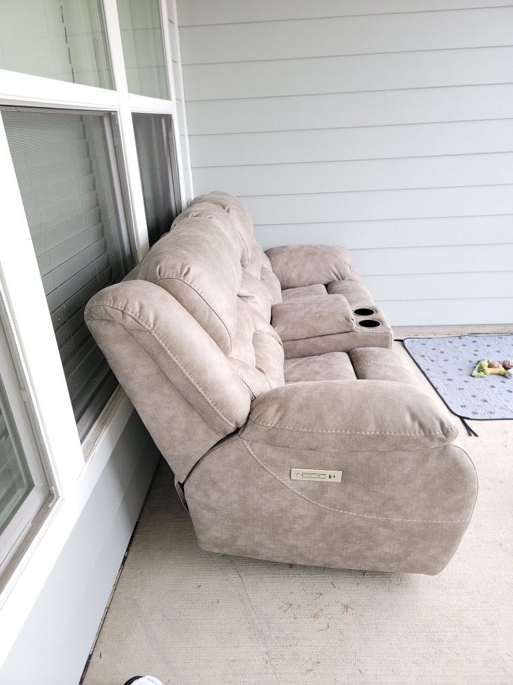 Reclining Love Seat Gray Color USB Charger On Couch