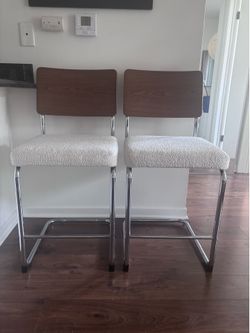 Set of 2 Modern Counter Stools – Wood, Steel & Bouclé