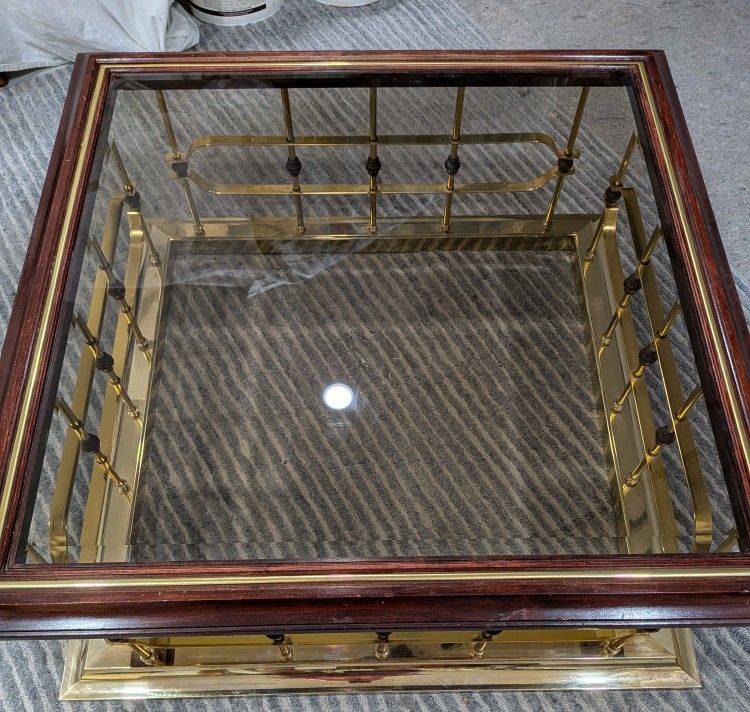 Stunning Coffee Table Gold Metal/ Wood Top/ Tinted Beveled Glass Top.