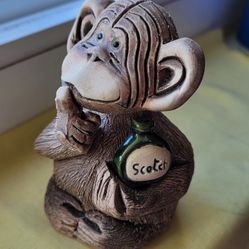 Cute Clay Monkey With A Scotch Bottle Figurine. Signed.