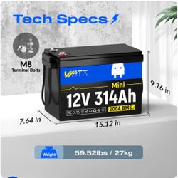 WattCycle 12V 300Ah LiFePO4 Lithium Battery Mini(314Ah), Built in 200A BMS&4.01kWh Energy, 15000+ Deep Cycles, for RV, Marine, Camping, Solar Off-Grid