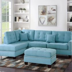 Brand New Aqua Blue 3pc Reversible Sectional Sofa With  Ottoman