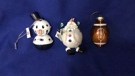 Set of 3 New Sport Ornaments, Official NFL New England Patriots With Tags, Football And Santa Baseball With Tags