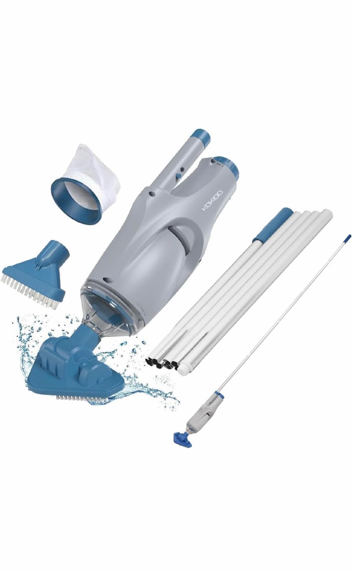KOKIDO Cordless Handheld Pool Vacuum for Above Ground Pool, with 6ft Pole and 2 Vac Brush Heads, Ideal for Spot Cleaning Small Inground Pool Spa up to