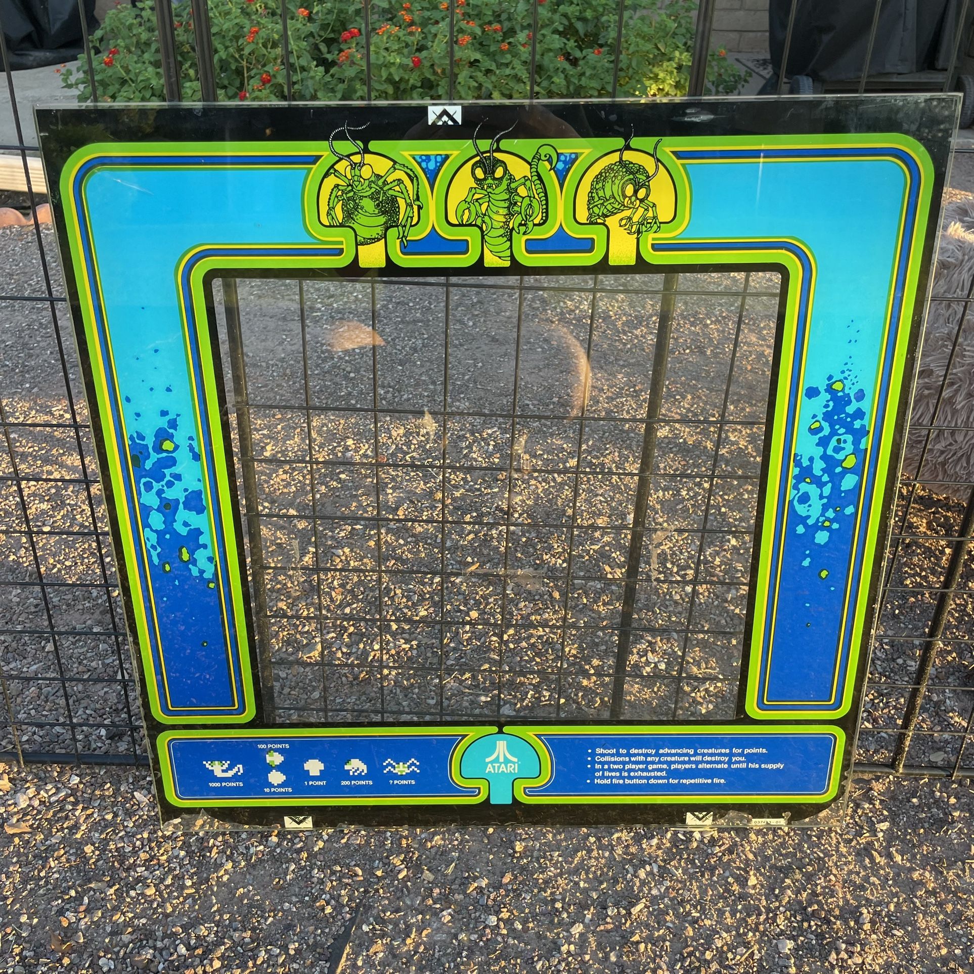 Vintage Original Atari Centipede Arcade Backglass 23.75”x23.75”