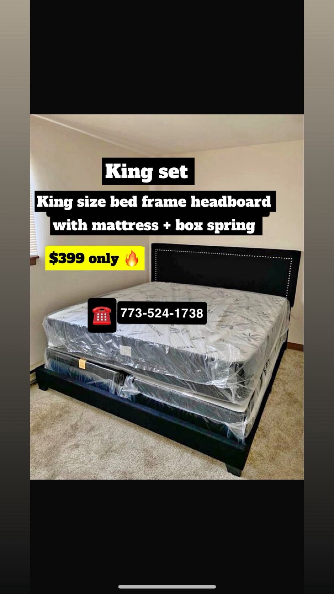 King Size Bed Set Headboard Frame With Mattress And Box Spring $399 Only 