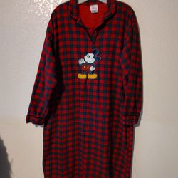 Disney Mickey Flannel Pajamas Nightgown XL Red Plaid Cotton 