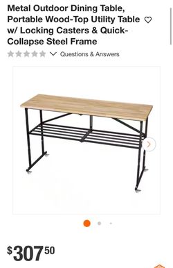 Metal Outdoor Dining Table, Portable Wood-Top Utility Table w/ Locking Casters & Quick-Collapse Steel Frame