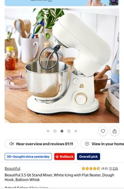 Beautiful 3.5 Qt Stand Mixer, White Icing with Flat Beater, Dough Hook, Balloon Whisk