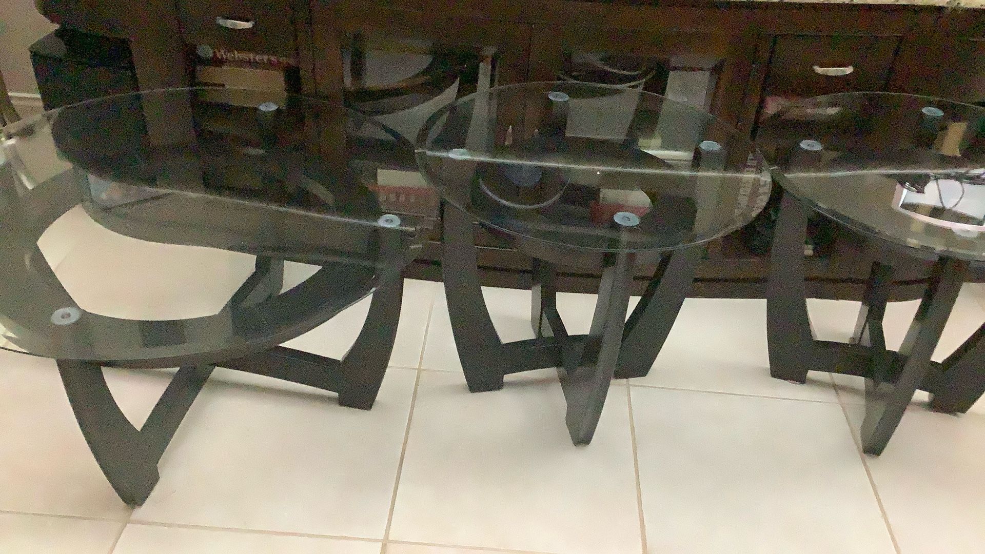 2 Glass End Tables, 1 Glass Coffee Table