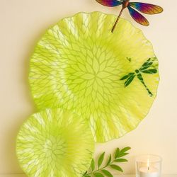 Sydenstricker Studio Glass USA 1990s Set Of 2 Fused Chartreuse Platters Plates, Signed