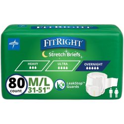 Medline FitRight Extended Wear Stretch Briefs, Overnight Adult Diapers with Tabs Size M/L 31-51 Inches