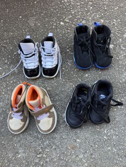 Nike, Jordan, and OshKosh shoes for kids. 3 pairs in size 6 and one pair in size 7