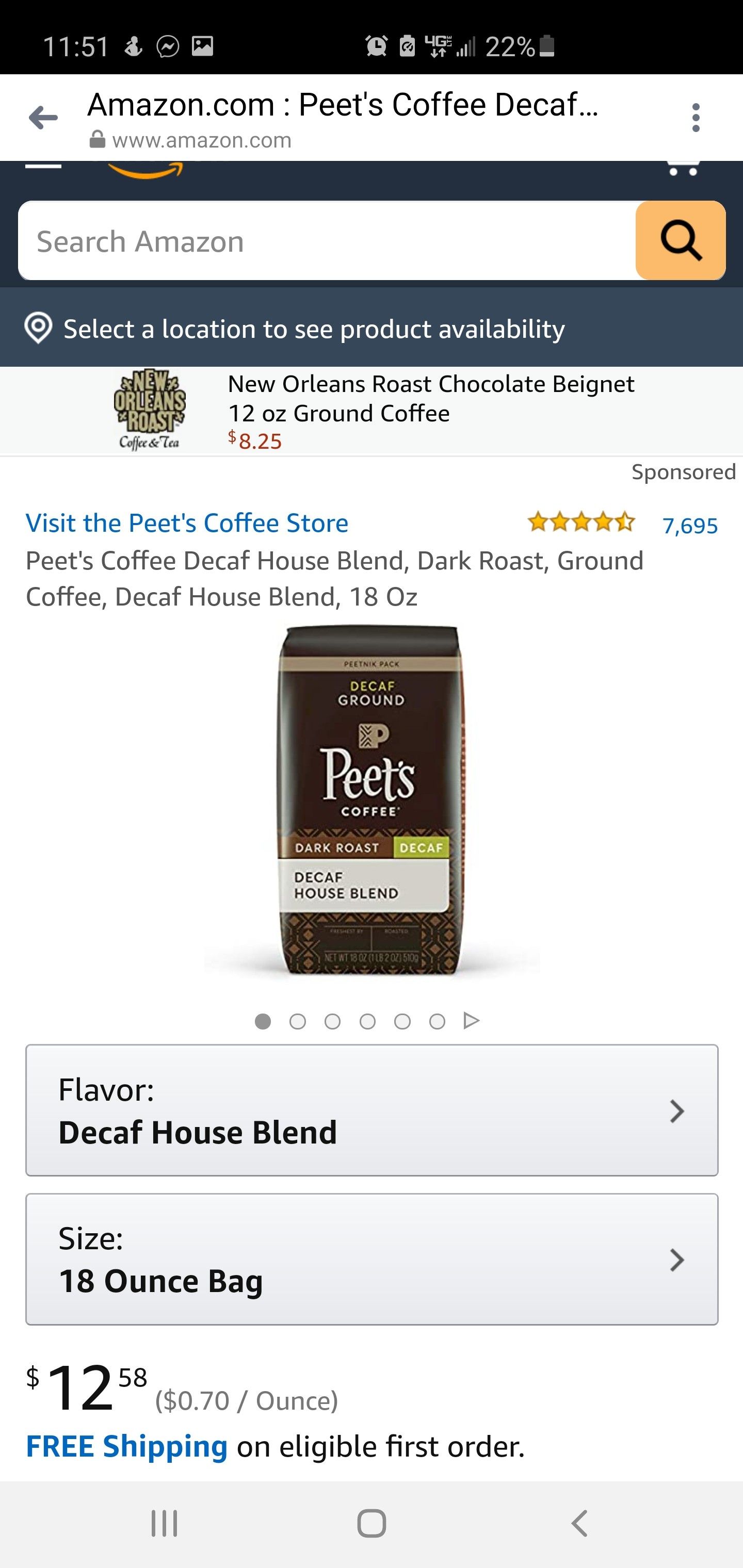 Peet's Coffee Decaf House Blend, Dark Roast, Ground Coffee, Decaf House Blend, 18 Oz