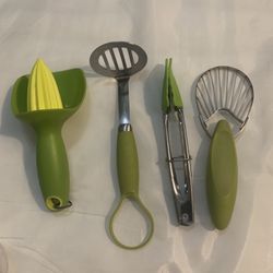 Kitchen Tools 4 Piece  Lime Green Avacado Slicer, Masher,Lemon Squeezer & Tongs