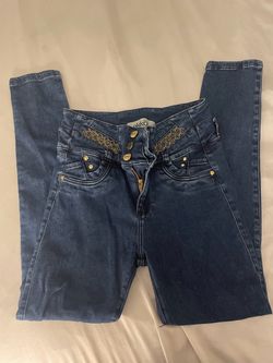 Gold Rhinestone Blue Navy Denim Jeans