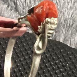 Very Rare Kind Natural Red Coral Sterling Silver Ring