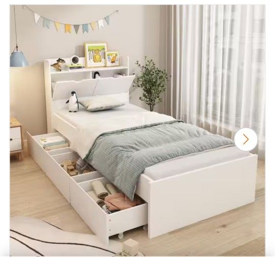 White Wood Twin Size Bed Storage Bed with 3-Wheels Drawers and Headboard with mattress almost new.