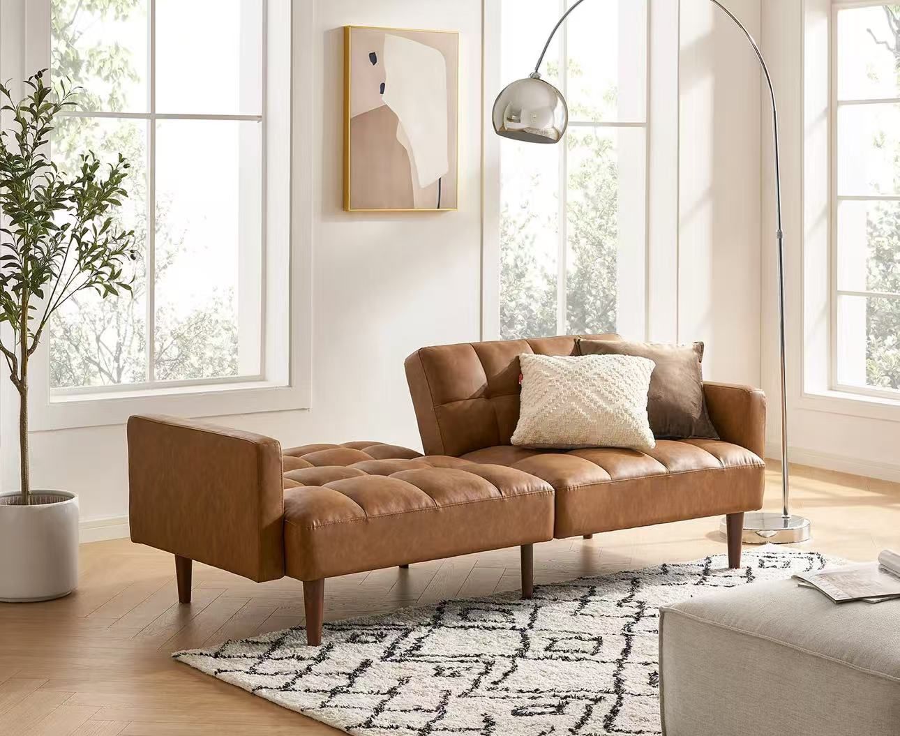 Aaron Futon Sofa Bed, Pecan Brown Faux Leather