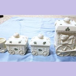 

International Bazaar Christmas Holly Train Set with Bears, Porcelain, 22” long, 5” wide, 8.5” high-

