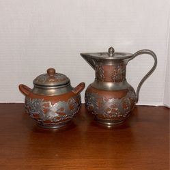 Chinese Yixing Small creamer And sugar bowl With Pewter Dragon Overlay Teapot, 6 Inches Sugar Bowl 5 Inches K7