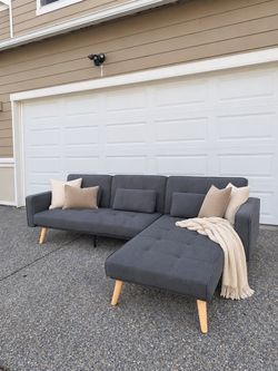 Blue/Gray Sectional Futon Sofa with Chaise
