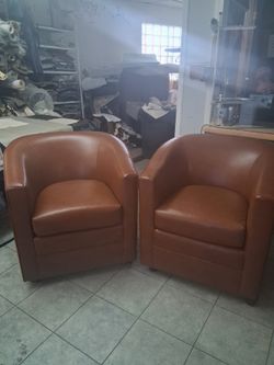 Pair Of Brown Vinyl Club Chairs 