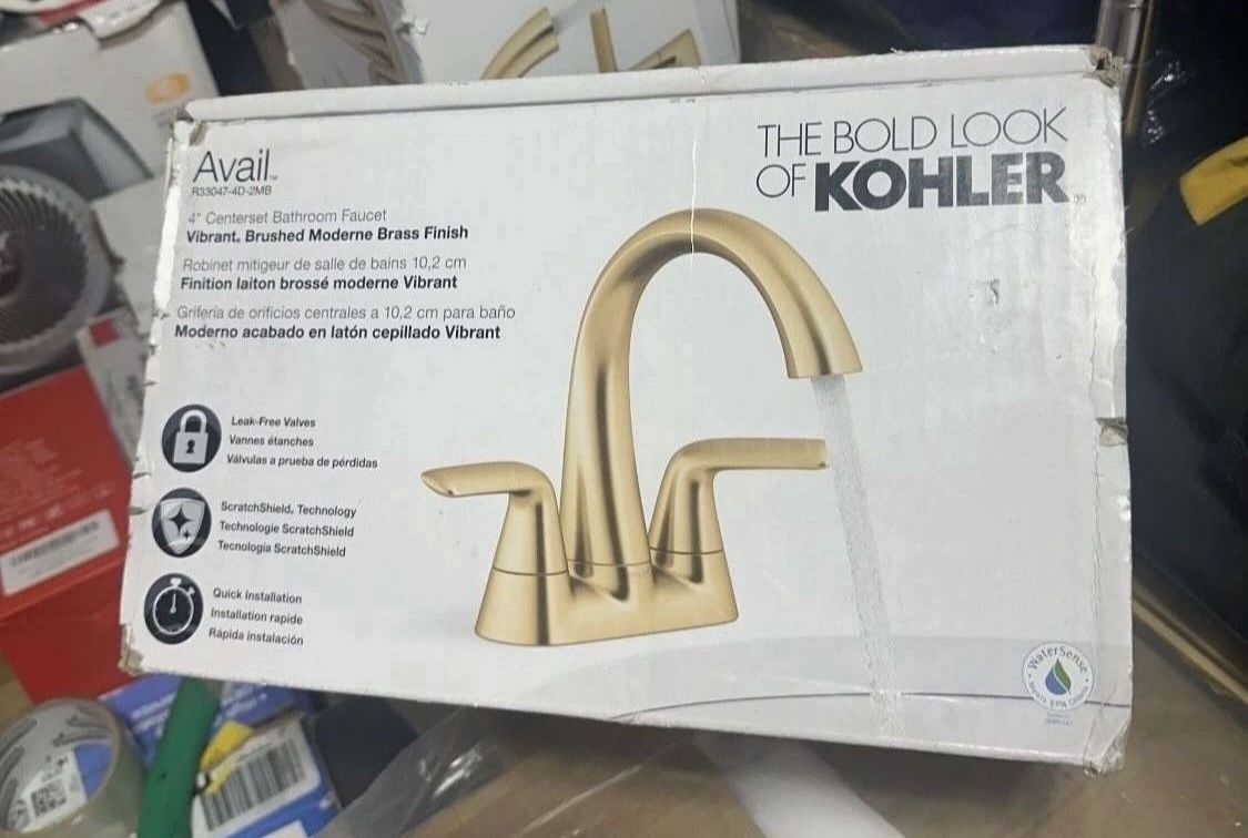 Kohler Avail Vibrant Brushed Moderne Brass Mid-Arc Bathroom Sink Faucet 2-Handle 4-in centerset K-R33047-4D-2MB