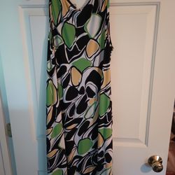  Stretchy Lily Black, Yellow And Green  Floral Sleeveless Dress Large Shift
