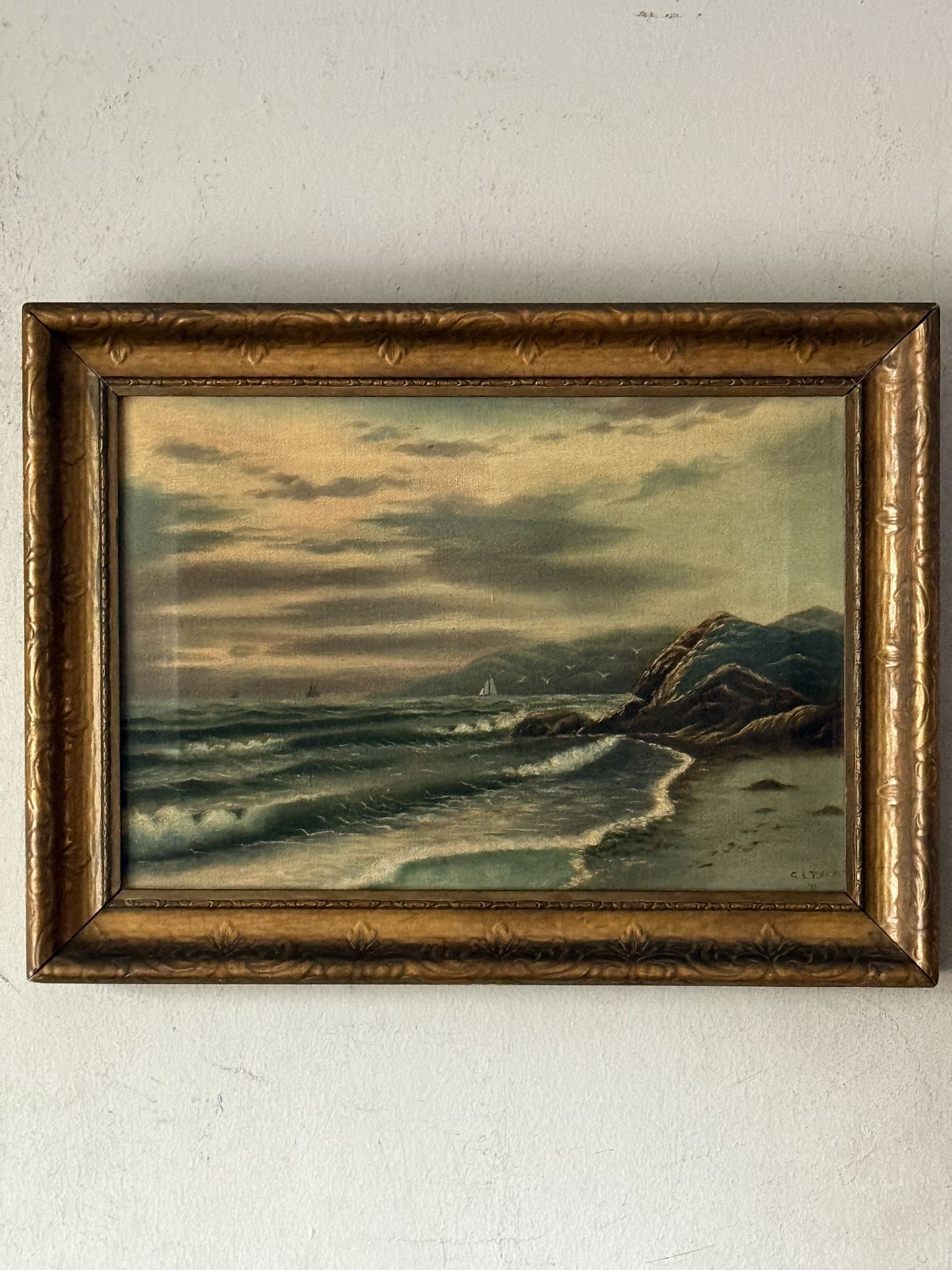 ‘FINE ANTIQUE COASTAL SEASCAPE OIL PAINTING OLD VINTAGE OCEAN LANDSCAPE 1941