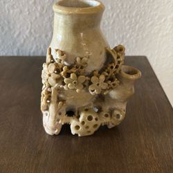 Vintage Asian Hand Carved Soapstone Double Vase with Flower Etched Design, 5.5”