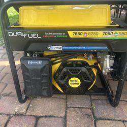 Power Output: 7850 starting watts and 6250 running watts on gasoline; 7050 starting watts and 5600 running watts on propane.  Engine: 389cc Champion e