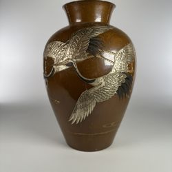 Antique Japanese Meiji Period Tooled Hammered Copper Vase W Egrets Heron Signed