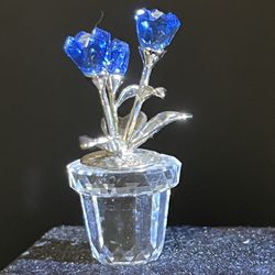 Swarovski 2000s Forget-Me-Not Blue Flowers in Clear Pot Figurine, 626873, 1.75”