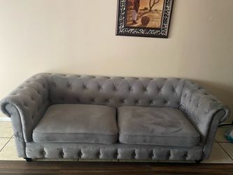 Grey Velvet Tufted Chesterfield Sofa and Ottoman